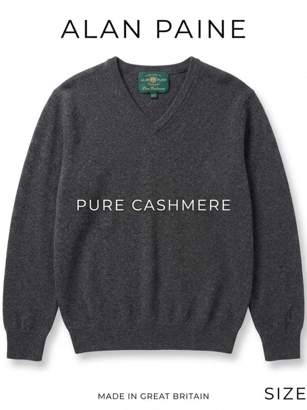 VTG Alan Paine Pure Cashmere V Neck Sweater 2XT Charcoal Gray Made Great Britain